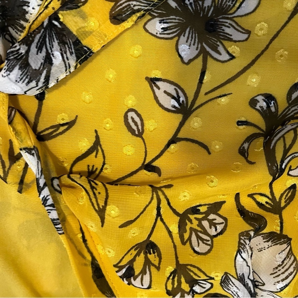 Retrology retro floral yellow blouse Women PL rushed short sleeves V- neck bow - Picture 14 of 16